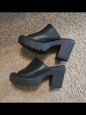MIA Black Lug Sole Chunky Heel Mules